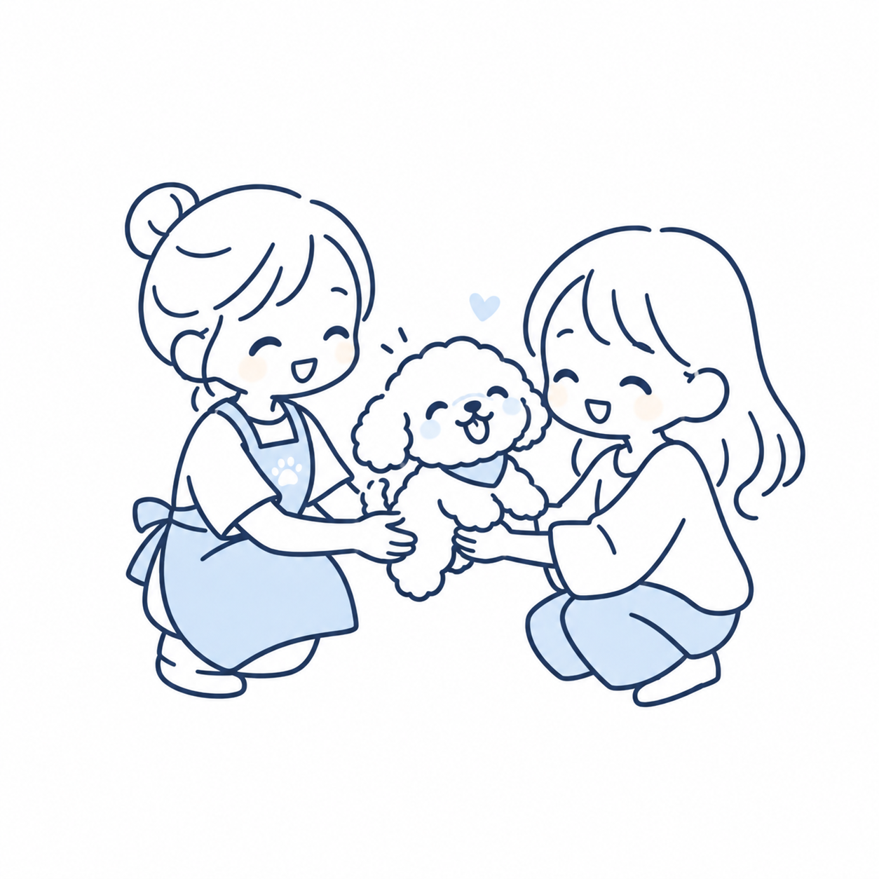 トリマーと飼い主とワンちゃんが笑顔で過ごすイラスト