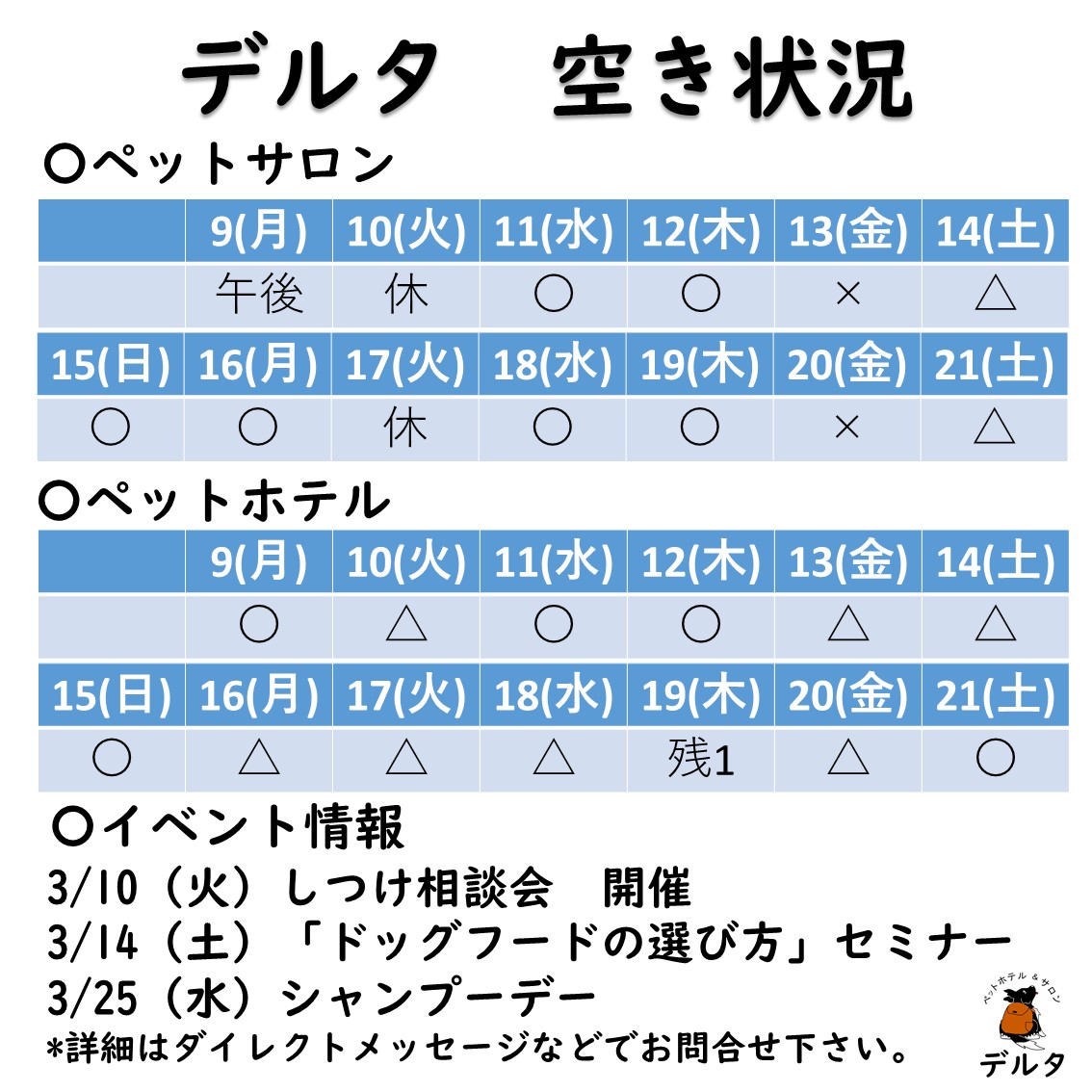 3/8週：今週来週の空き状況・今後のイベント情報